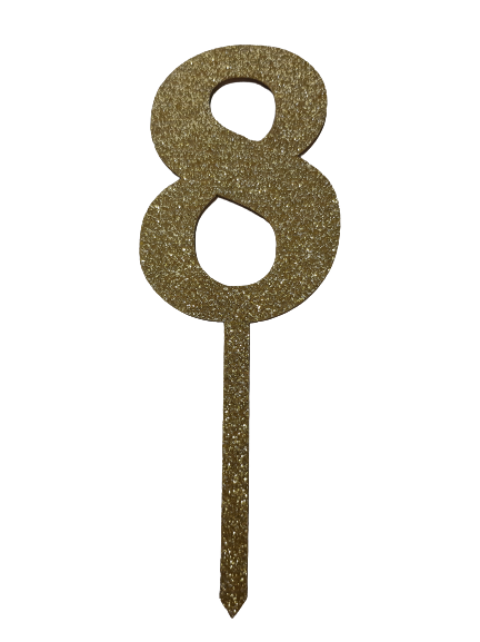 Nr8 Gold wooden number topper with glitter. 7cm