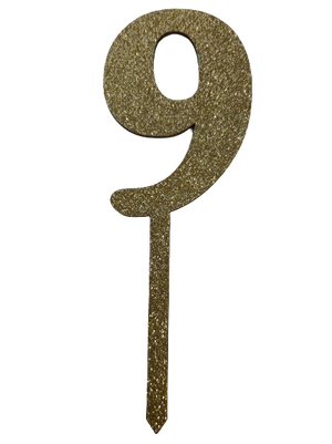 Nr9 Gold wooden number topper with glitter. 7cm
