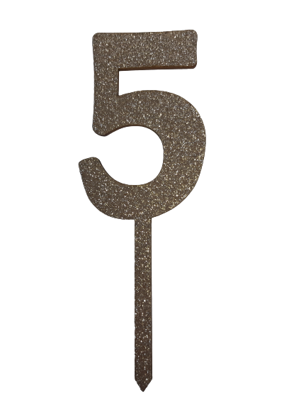 Nr5 Rose Gold wooden number topper with glitter. 7cm