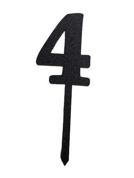 Nr4 Black wooden number topper with glitter. 7cm