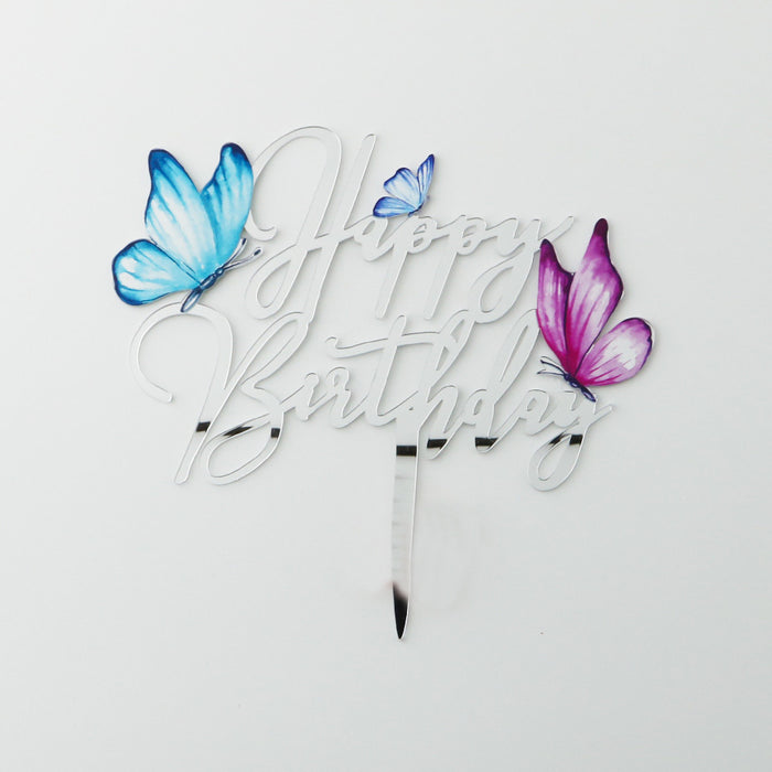 Nr332 Acrylic Cake Topper Happy Birthday Butterfly Small Silver