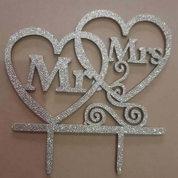 Nr14 Mr and Mrs Wooden wedding cake topper, (with glitter) Silver