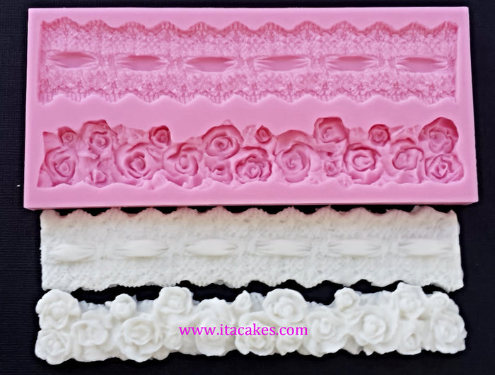Lace Ribbon and Rose border silicone mould