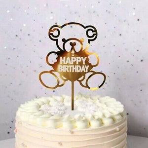 000 Acrylic Cake Topper Happy Birthday Teddy Bear Gold