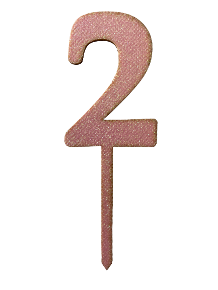 Nr2 Pink wooden number topper with glitter. 7cm
