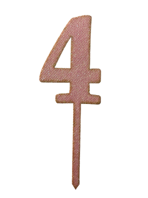 Nr4 Pink wooden number topper with glitter. 7cm
