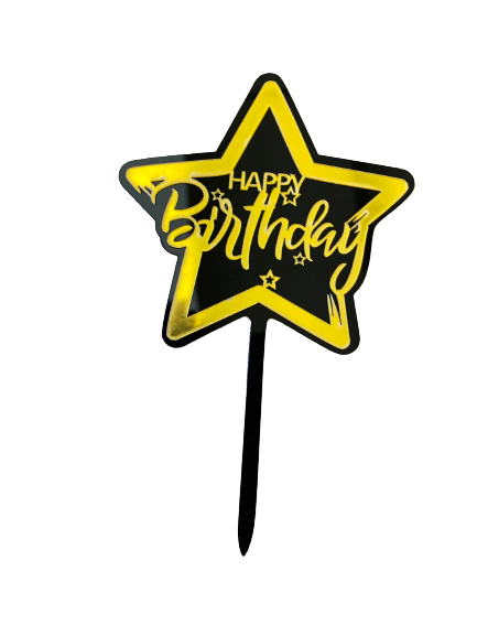 Nr312 Acrylic Cake Topper Happy Birthday Star Black & Gold