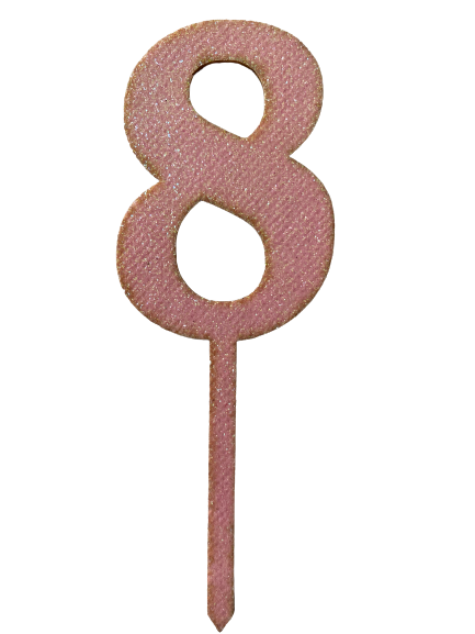 Nr8 Pink wooden number topper with glitter. 7cm