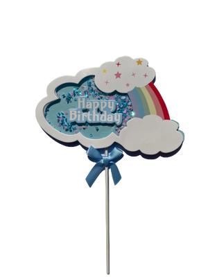 Happy birthday cardboard cake topper, blue rainbow, heart confetti