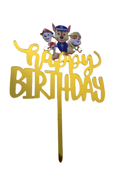 Nr301 Acrylic Cake Topper Happy Birthday Paw Patrol Gold