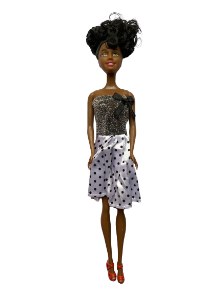 Lookalike barbie black doll, black and silver dress