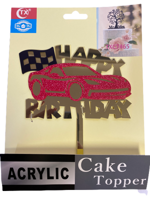 Nr218 Acrylic Cake Topper Happy Birthday Racing Car Gold