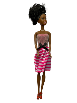 Lookalike barbie black doll, Pink and white stripe skirt