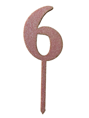 Nr6 Pink wooden number topper with glitter. 7cm