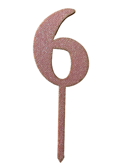 Nr6 Pink wooden number topper with glitter. 7cm