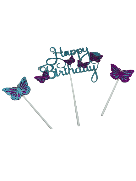 Butterfly Cardboard Cake Topper Turqoise Purple Glitter