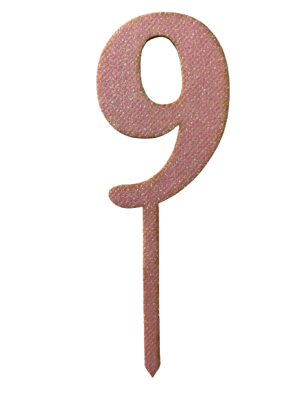 Nr9 Pink wooden number topper with glitter. 7cm