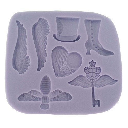 Silicone fondant mould Steampunk Heart, wings, top hat, shoe