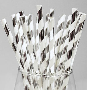 Paper straws 24 piece, silver stripes