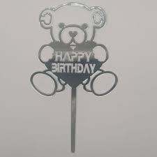 Nr329 Acrylic Cake Topper Small Teddy Bear Silver